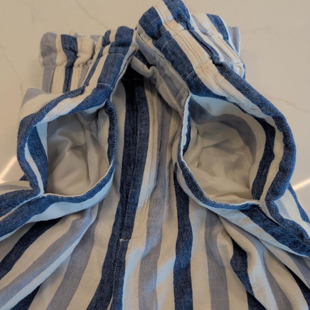 Madewell Linen Blend Sz 14 Blue Striped High Waist Paper Bag Loose Fit Shorts - Picture 5 of 11
